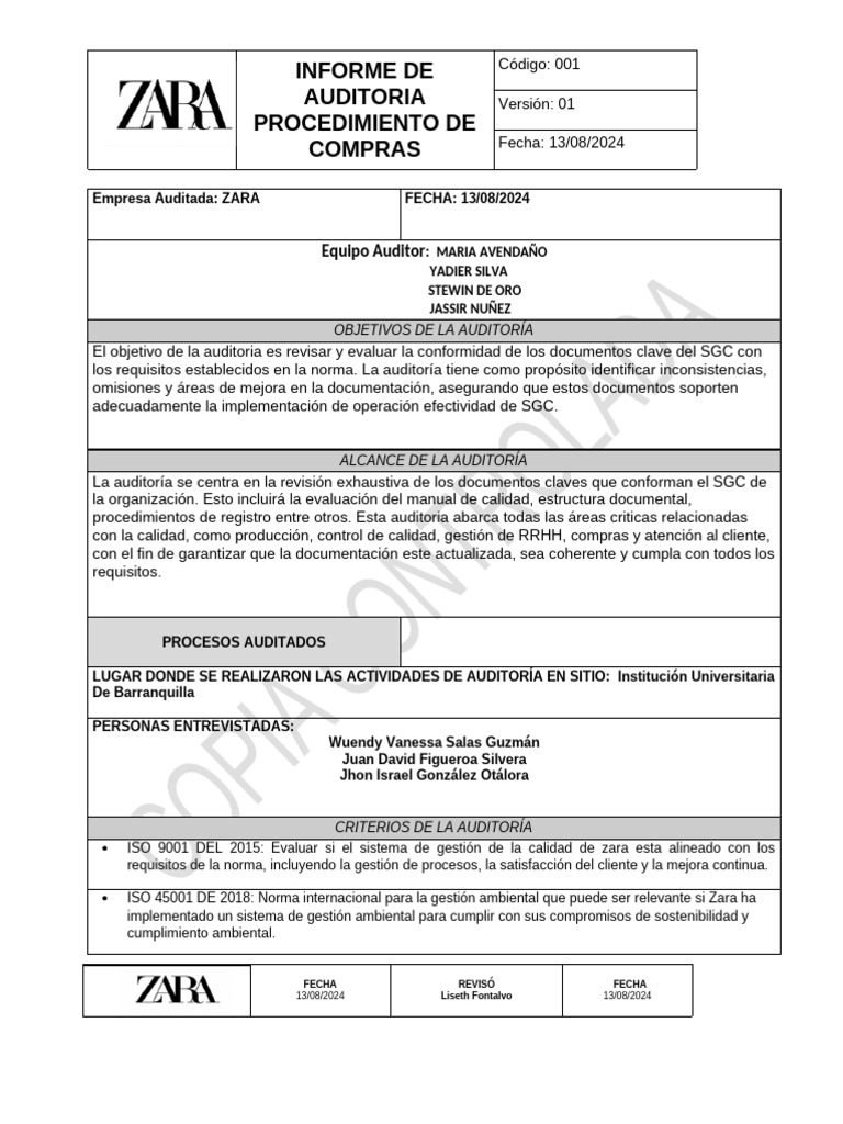 Auditoría del Procedimiento de Compras ZARA | PDF | Auditoría | Sistema ...
