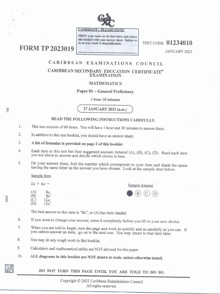 CSEC Mathematics Jan 2023 | PDF