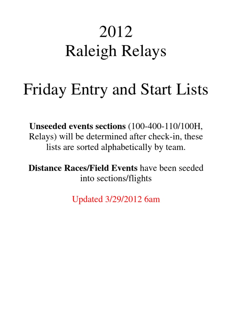 Raleigh Relays Start Lists | PDF | Sports & Recreation
