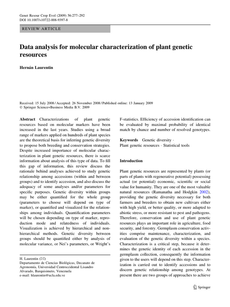 Data Analysis For Molecular Characterization of Plant Genetic Resources ...
