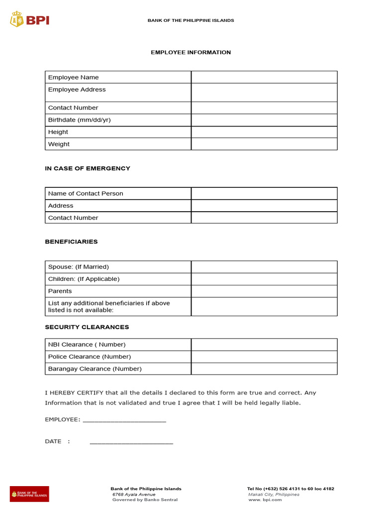 BPI Employee Information Form | PDF