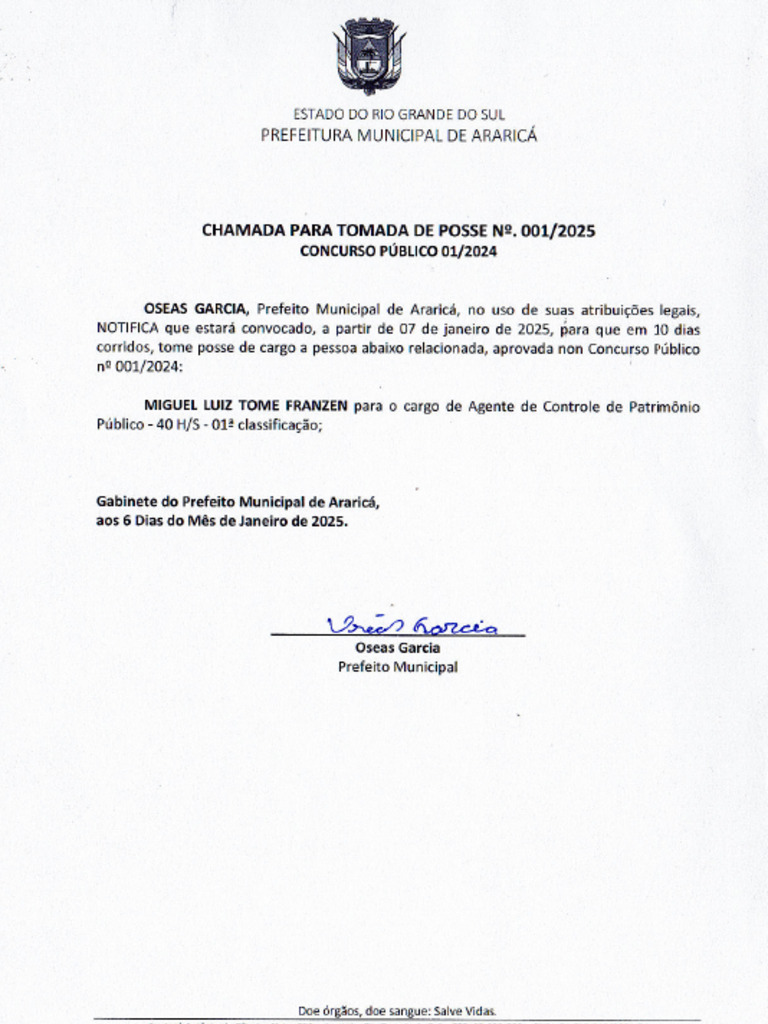 Convocação N º 001.2025 Concurso Público 01-2024 | PDF