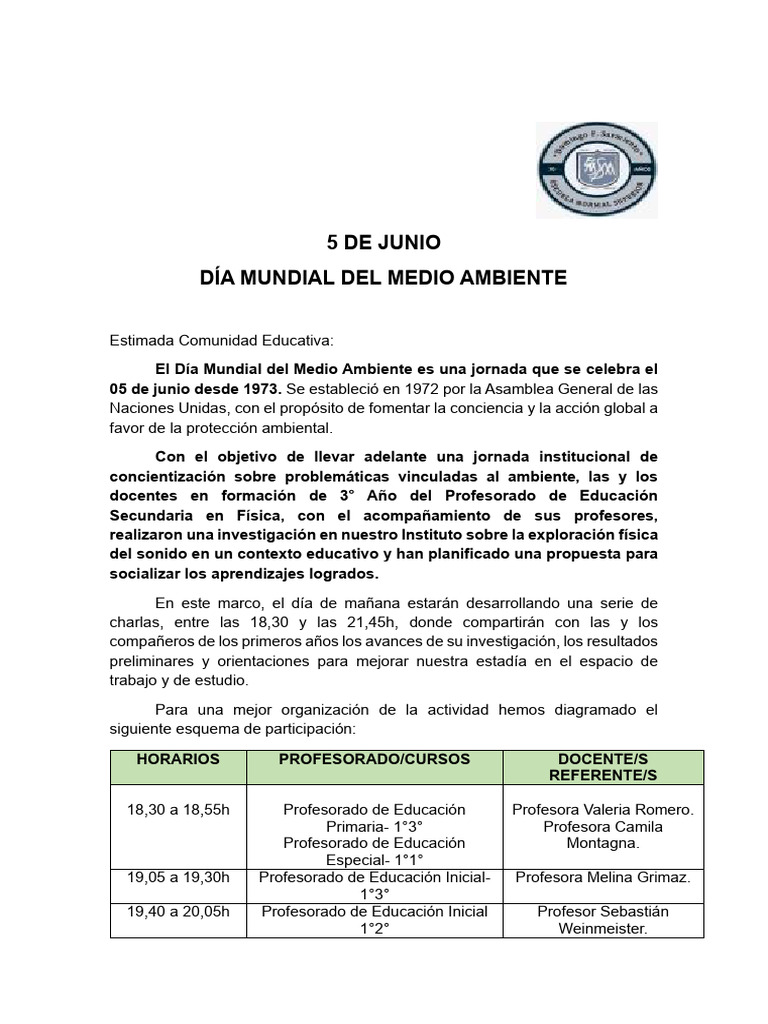 5 de Junio - Dia Mundial Del Medio Ambiente - Isfd N°112-2 | PDF ...