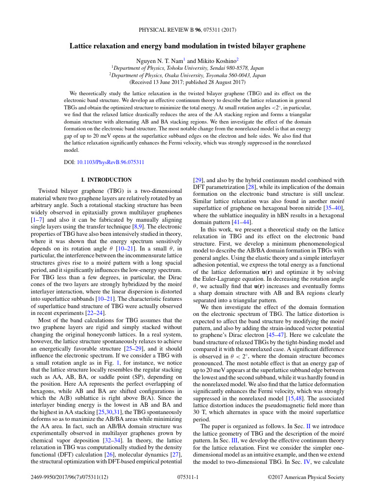 Lattice Relaxation in Twisted Bilayer Graphene | PDF | Electronic Band ...