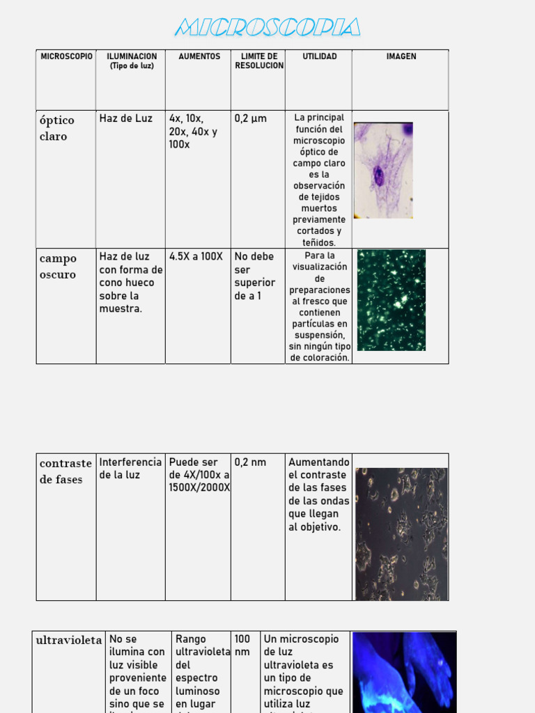Tabla Microscopía | PDF | Microscopio | Ligero