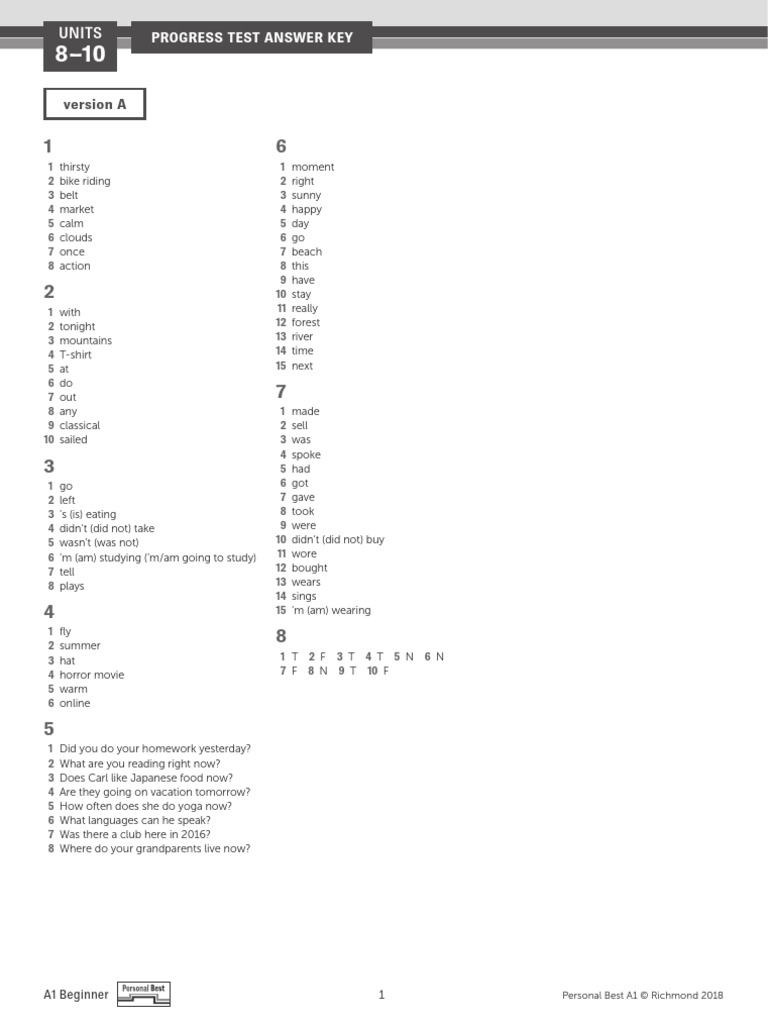 A1 Beginner Progress Test Answers | PDF