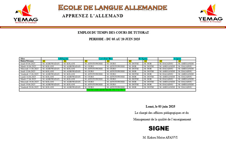 Emploi du temps des cours juin 2025 | PDF