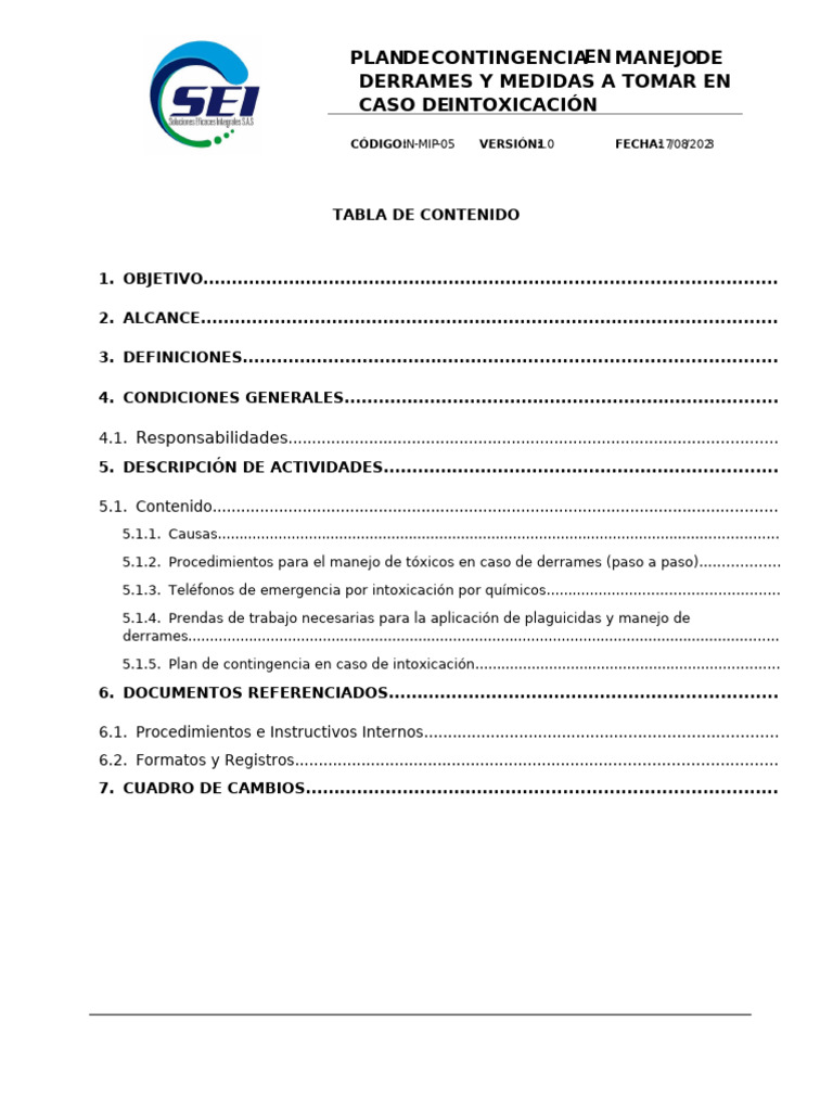 In-MIP-05 Plan de Contingencia y Manejo de Derrames | PDF | Pesticida