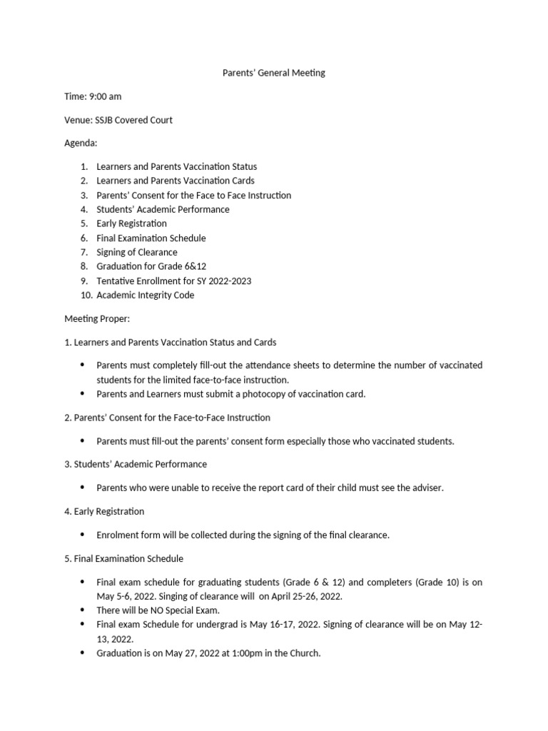PArents Meeting SUnday | PDF