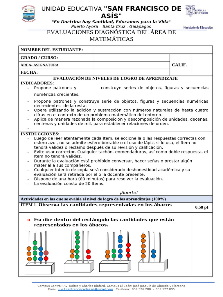 EVALUACIÓN de Matemática de CUARTO GRADO para Aspirantes | PDF ...