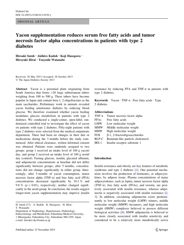 Yacon Supplementation Rudeces Serum Free Fatty Acids and Tumor Necrosis ...