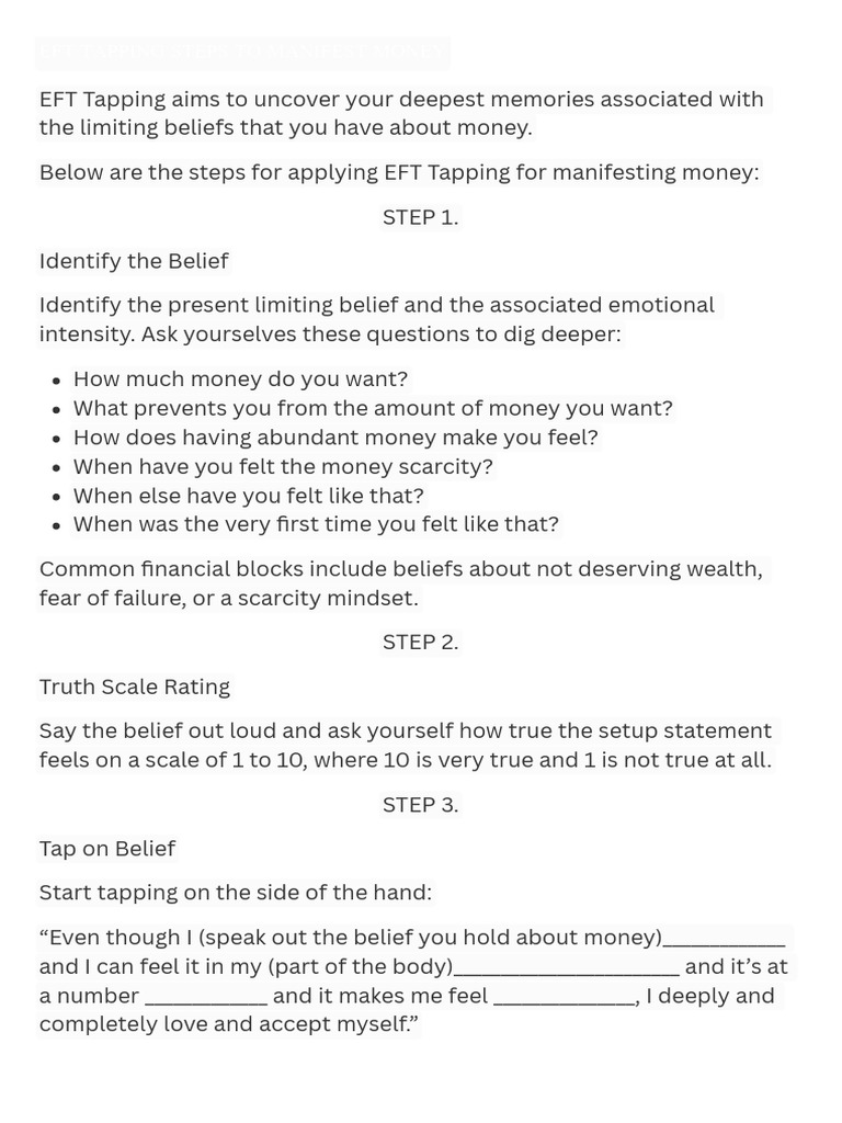 EFT Tapping Steps for Money Manifestation | PDF