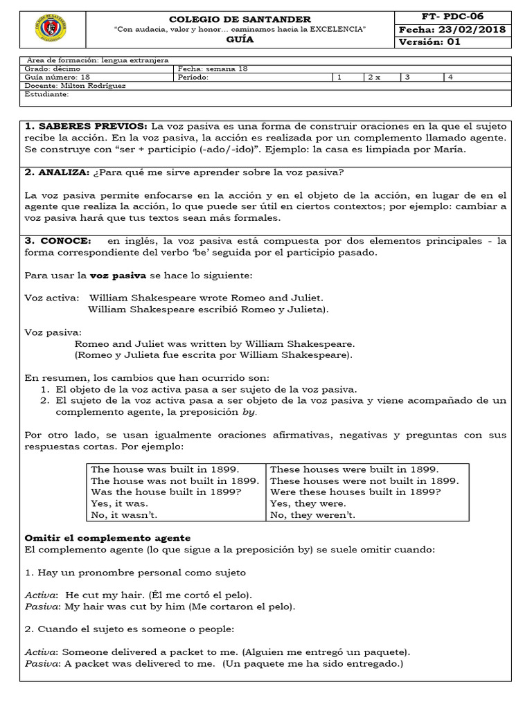 Ejemplos de Voz Pasiva en Inglés | PDF | Asunto (gramática ...