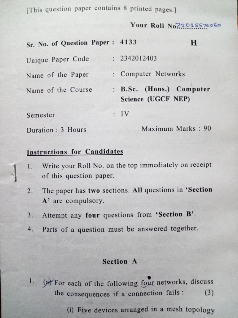 Computer Networks Question Paper - B.Sc. IV Semester | PDF ...