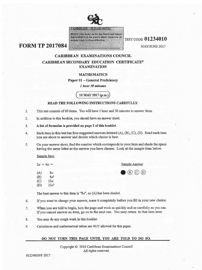 CSEC Mathematics P1 2017 MJ | PDF
