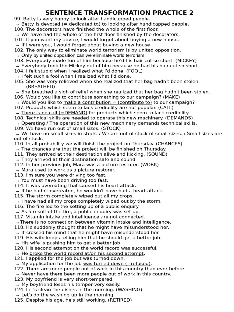 Sentence Transformation Exercises | PDF