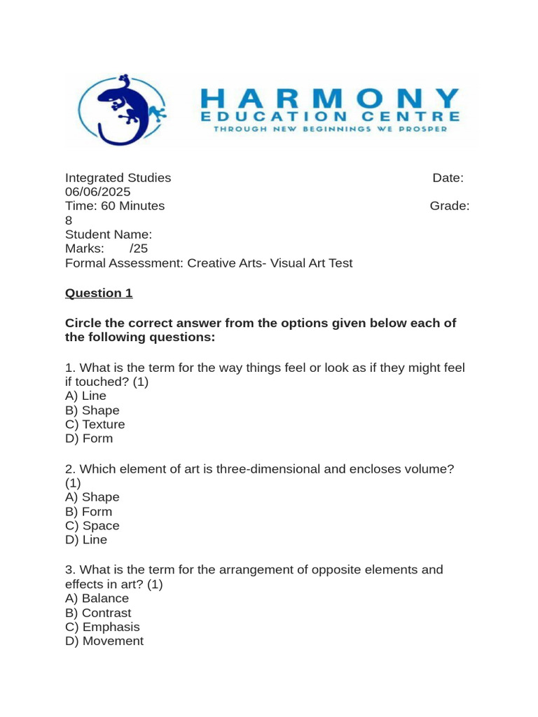8th Grade Visual Art Assessment Test | PDF | Composition (Visual Arts ...