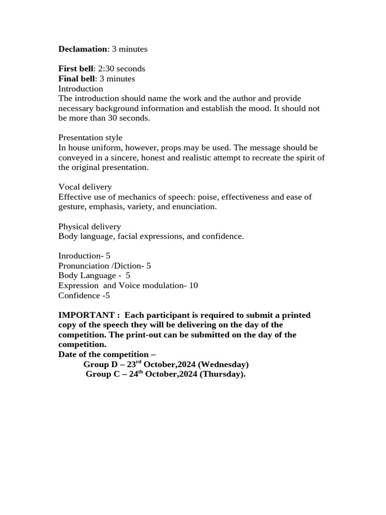 Declamation Competition Guidelines 2024 | PDF