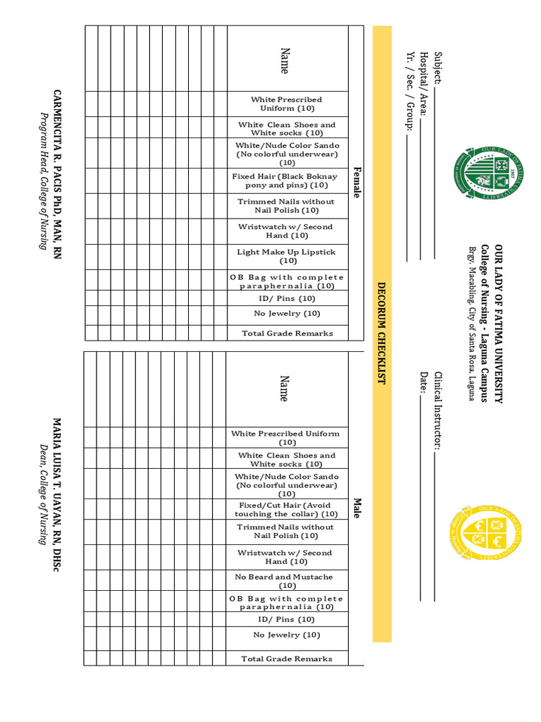 Nursing Student Decorum Checklist | PDF | Clothing | Human Appearance