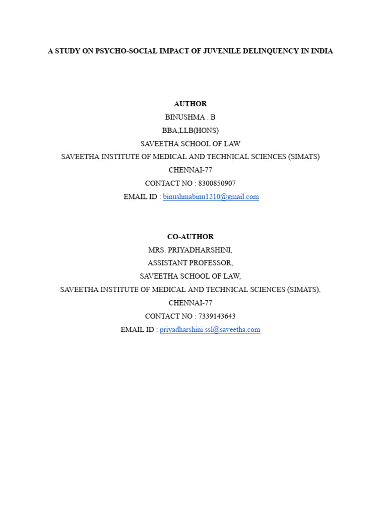 Psycho-Social Effects of Juvenile Delinquency in India | PDF | Juvenile ...