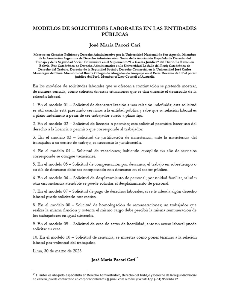 Modelos de Solicitudes Laborales Públicas | PDF | Derecho laboral | Salario