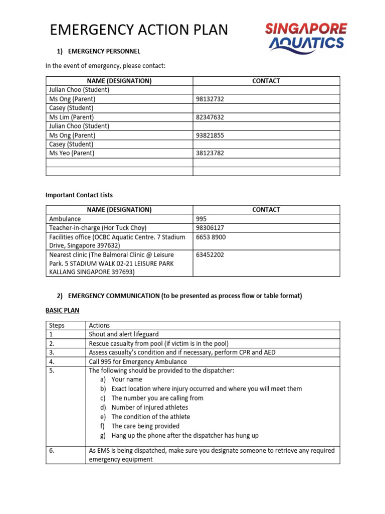 Emergency Action Plan for Aquatic Center | PDF | Civil Defense ...