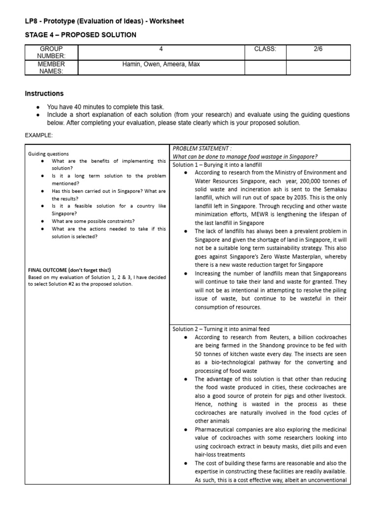 LP8 - Prototype (Evaluation of Ideas) - Worksheet | PDF | Waste | Human ...