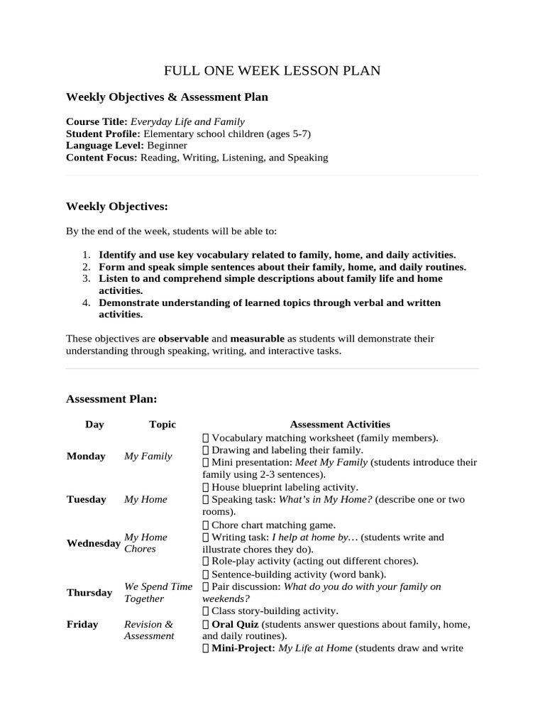 Full One Week Lesson Plan | PDF | Reading Comprehension | Vocabulary