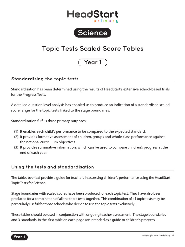 Year 1 Science Topic Test Scores Guide | PDF