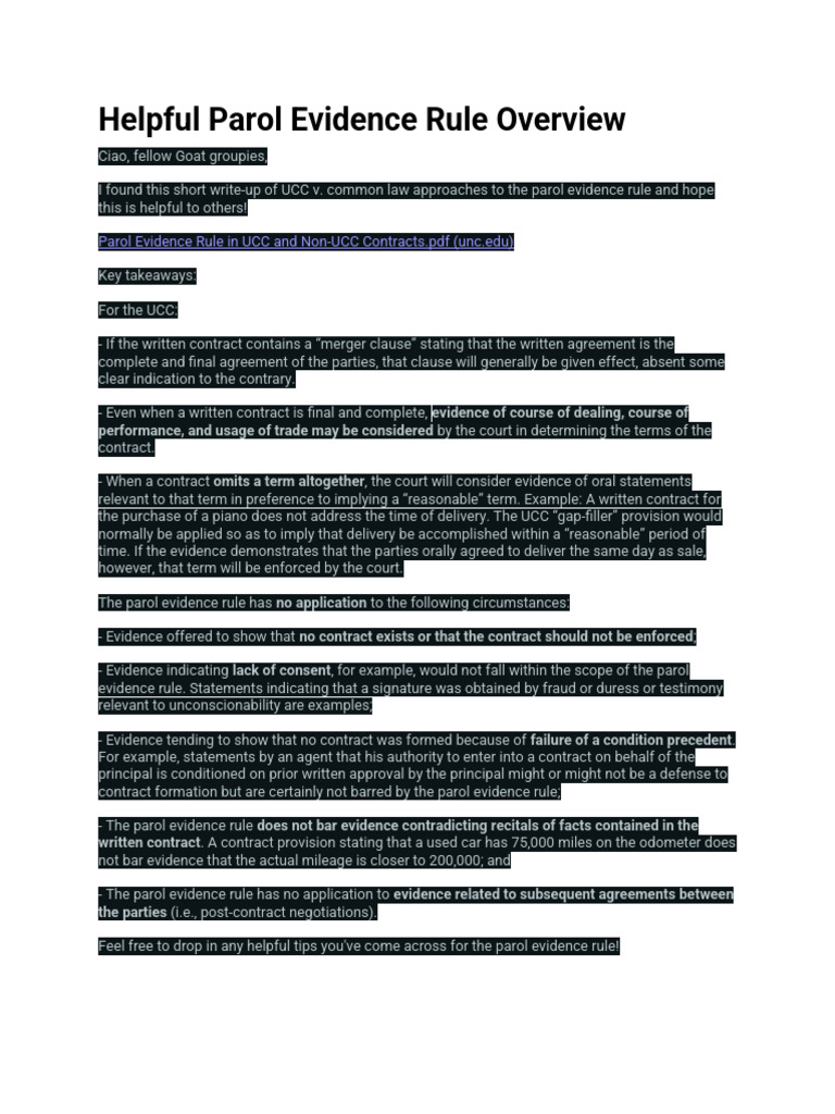 Parol Evidence Rule Explained | PDF | Parol Evidence Rule | Civil Law ...