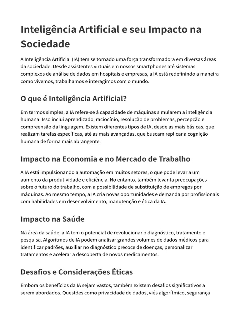 Impacto da Inteligência Artificial na Sociedade | PDF