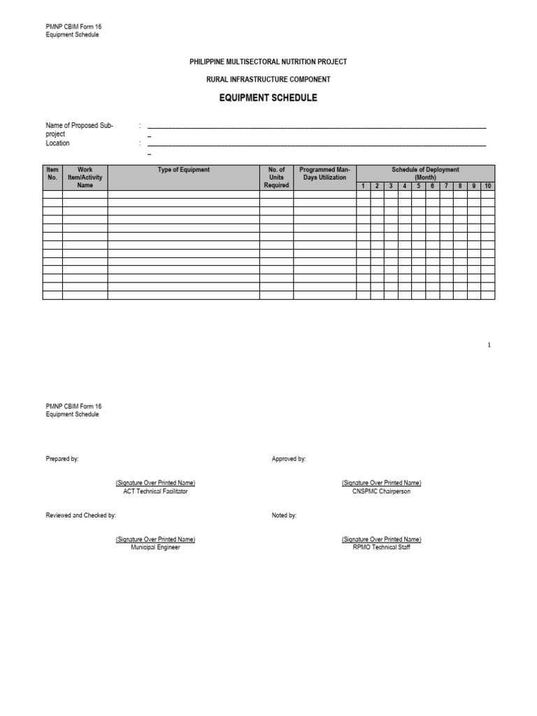 PMNP CBIM Form 16 - Equipment Schedule | PDF