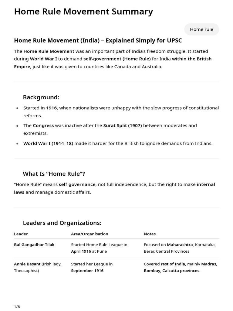 Overview of the Home Rule Movement | PDF | Indian Nationalism | Indian ...