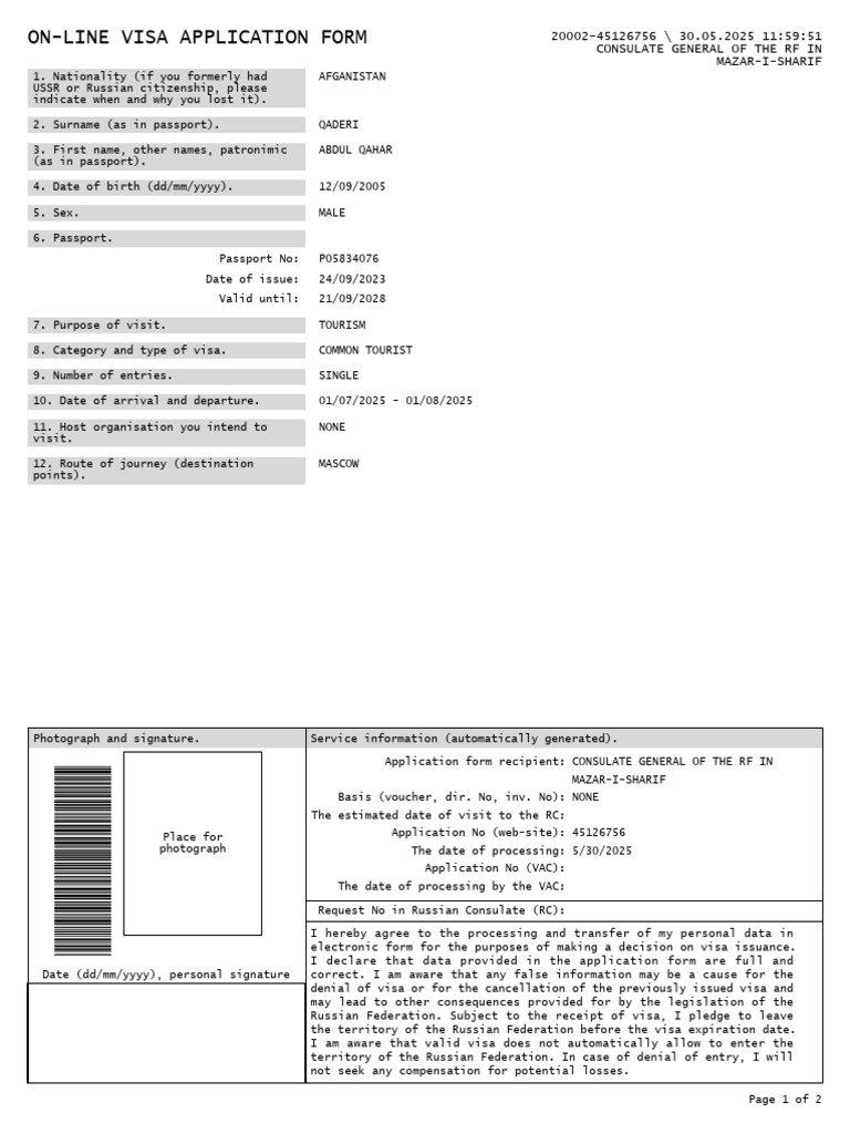 Application 45126756 | PDF | Travel Visa | Passport