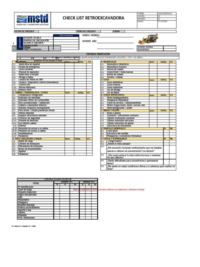Checklist de Retroexcavadora 2024 | PDF | Ingeniería mecánica ...
