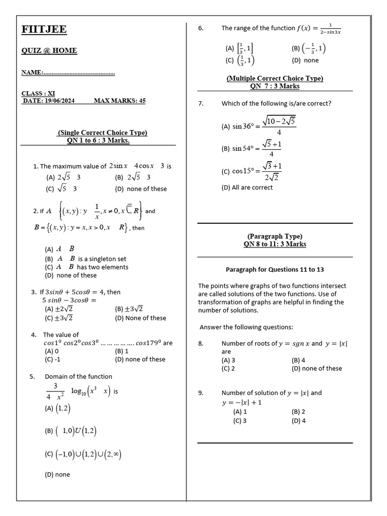 FIITJEE Class XI Quiz Questions | PDF | Mathematical Relations ...