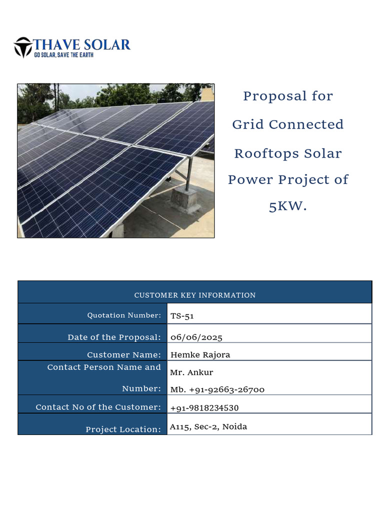 5KW Rooftop Solar Project Proposal | PDF | Photovoltaic System | Power ...