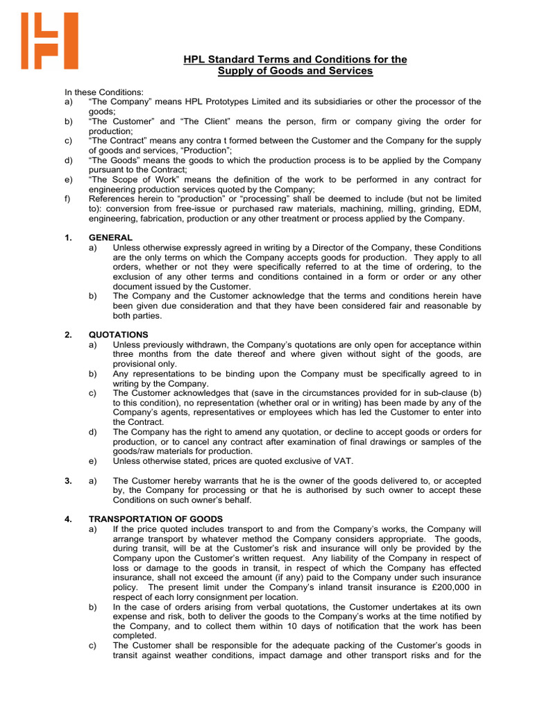 HPL Supply Terms and Conditions | PDF | Indemnity | Legal Liability