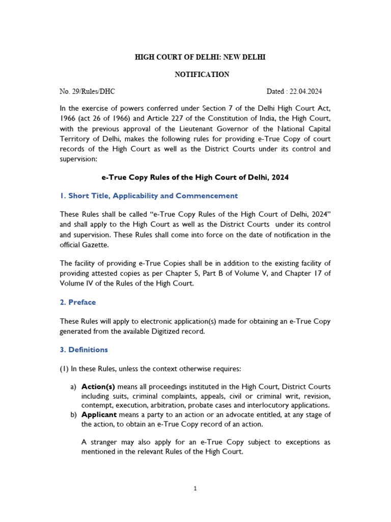 Delhi High Court e-True Copy Rules 2024 | PDF | Interlocutory Appeal ...