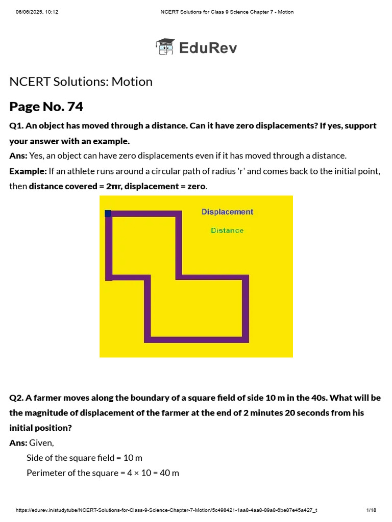 NCERT Solutions For Class 9 Science Chapter 7 - Motion | PDF ...