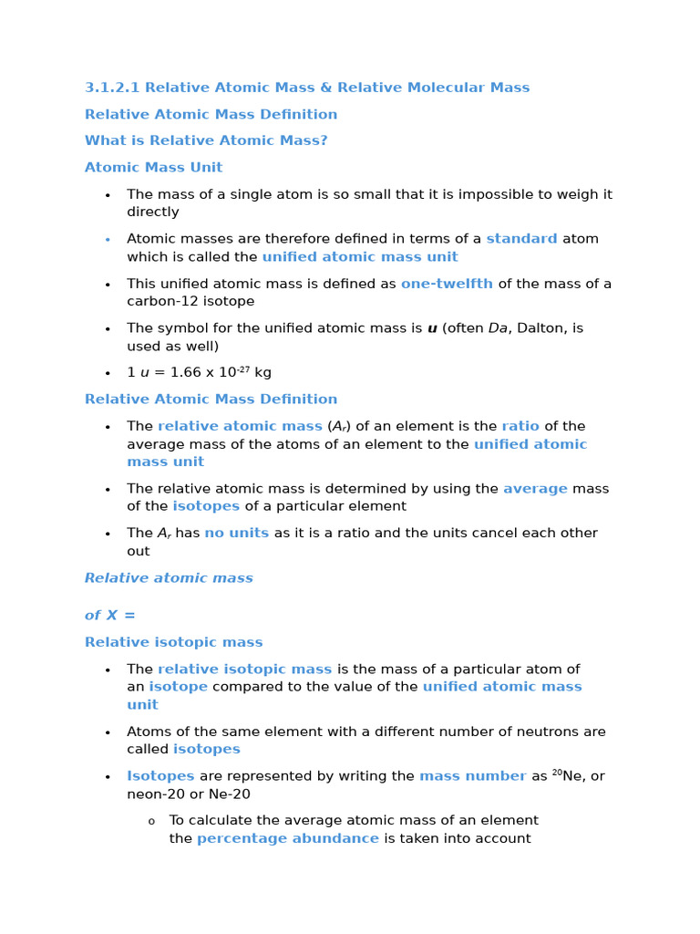 3.1.2.1 Relative Atomic Mass and Relative Molecular Mass | PDF ...