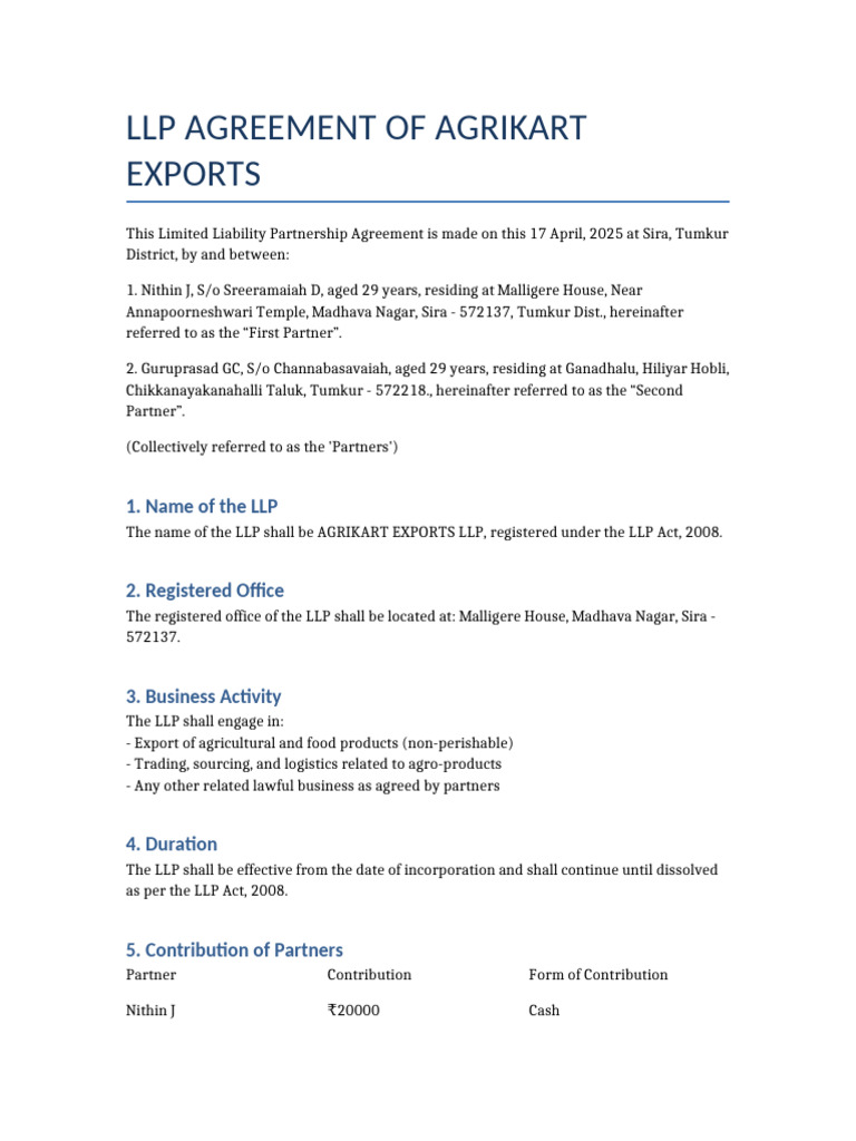 Agrikart Exports LLP Agreement Corrected | PDF | Limited Liability ...
