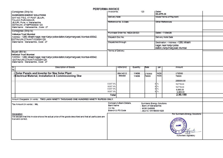 Vatsalya Trust Invoice for Solar Equipment | PDF | Solar Power | Power ...