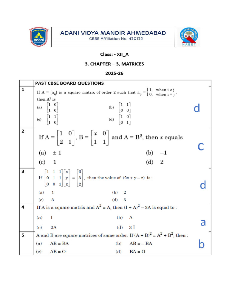 CBSE Class 12 Matrices Question Bank | PDF