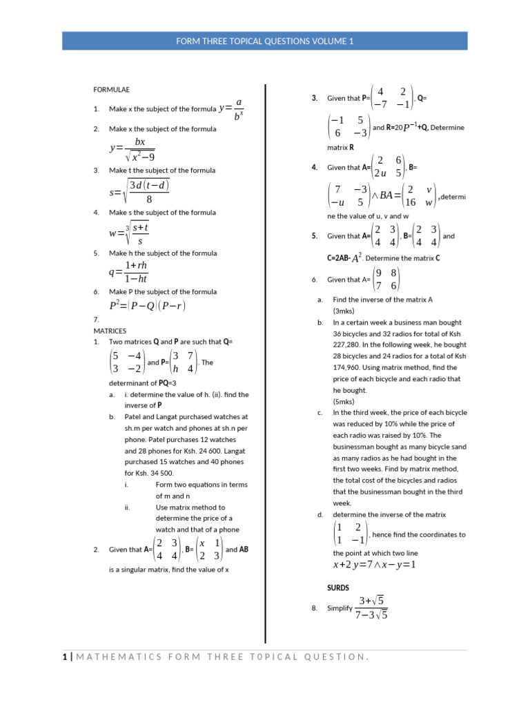 Form Three Mathematics Questions | PDF | Circle | Elementary Mathematics