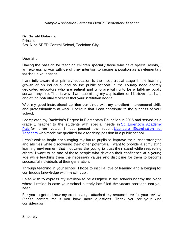 635542266 Sample Application Letter Teacher | PDF | Teachers | Schools