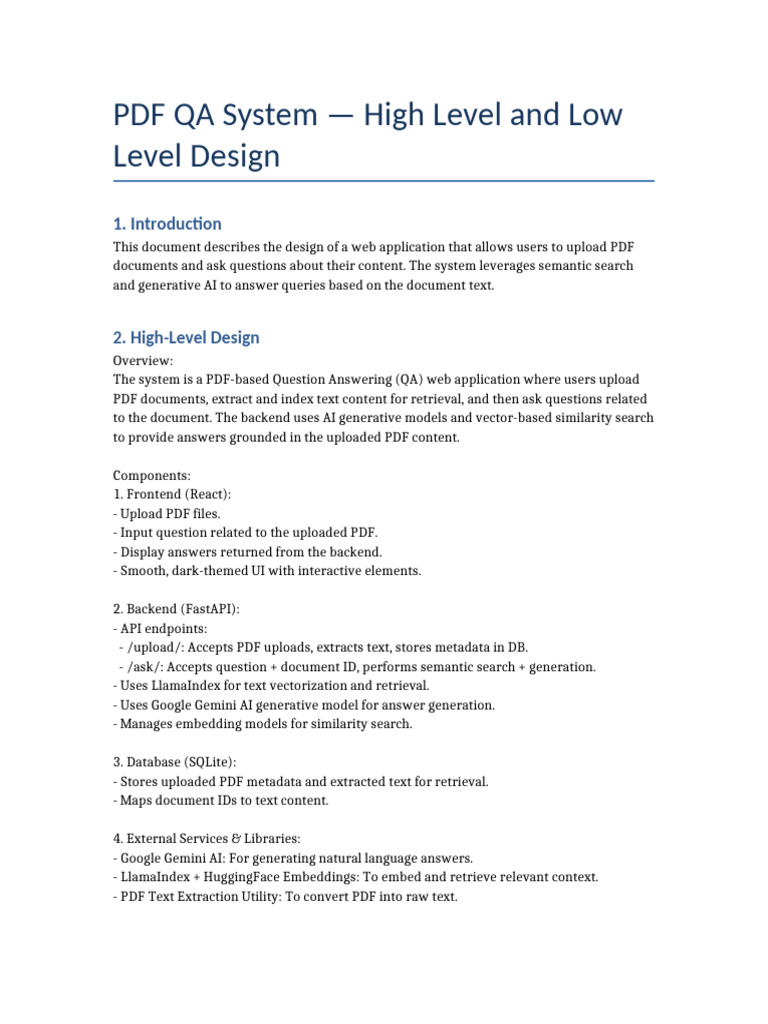 PDF QA System: HLD & LLD Overview | PDF | Information Retrieval | Metadata