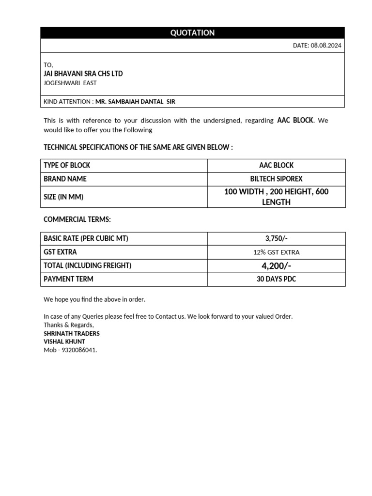 AAC Block Quotation for Jai Bhavani SRA | PDF