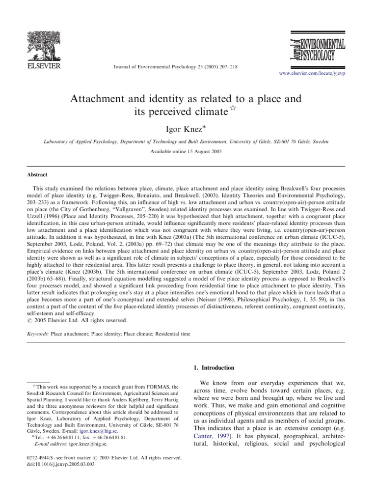 Place Attachment and Identity in Climate | PDF | Attachment Theory ...