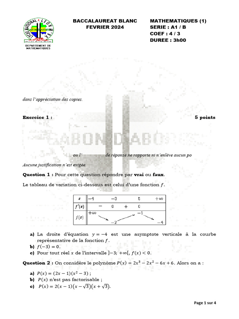 Exercices de Mathématiques Baccalauréat 2024 | PDF | Choix multiple ...